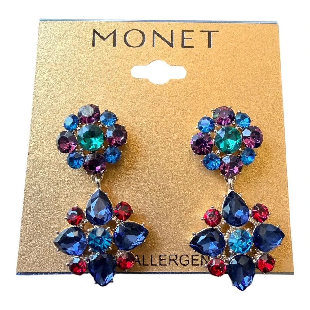 Vintage Y2K Monet Multicolor Crystal Statement Earrings Sample One of a Kind